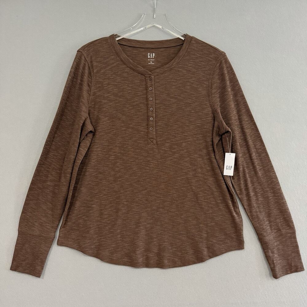 NWT GAP Henley Shirt XL Brown Heather Ribbed Knit Long Sleeve Classic